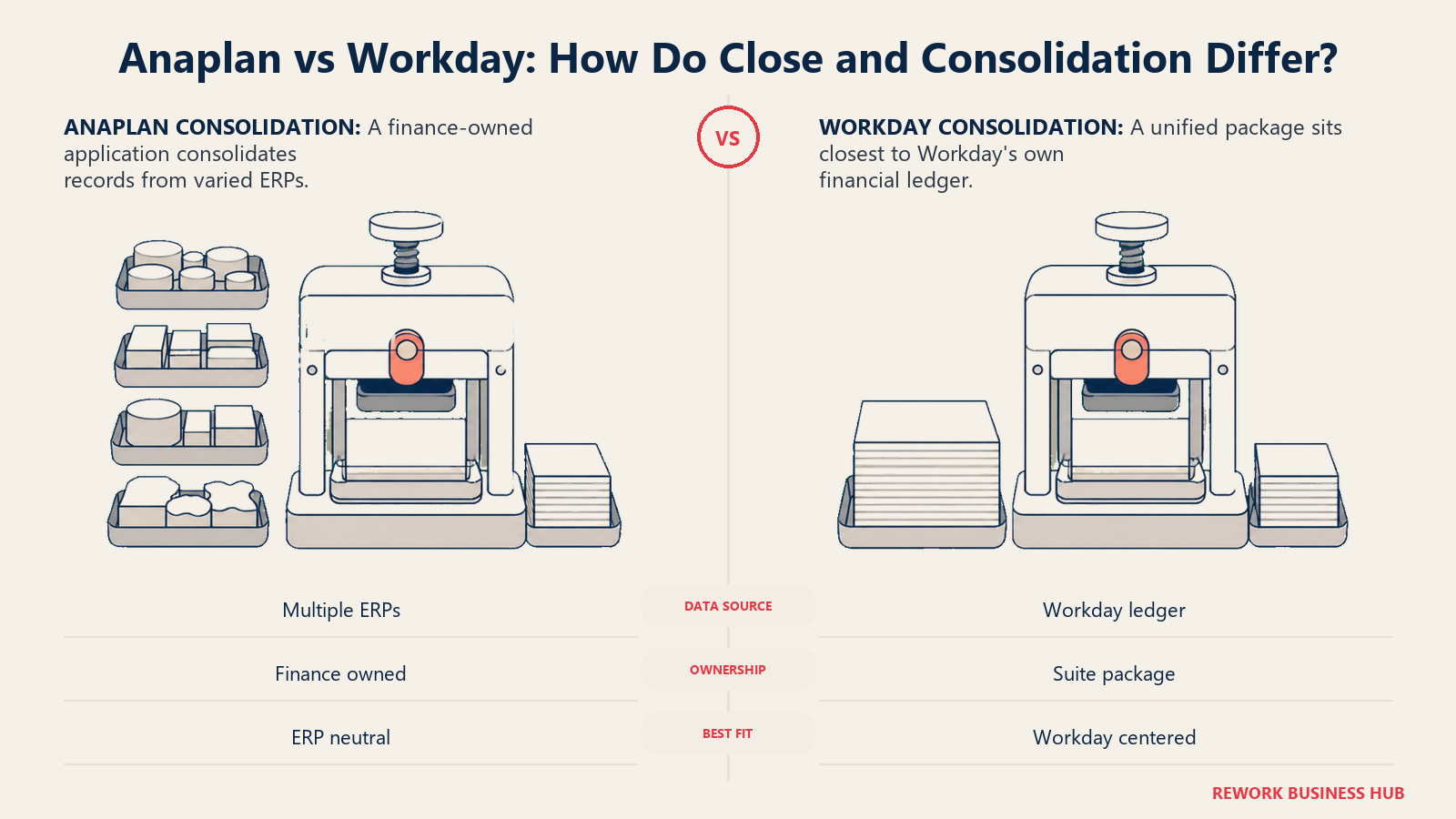 Anaplan finance-owned consolidation press for multiple ERP inputs compared with Workday's consolidation layer over its own ledger