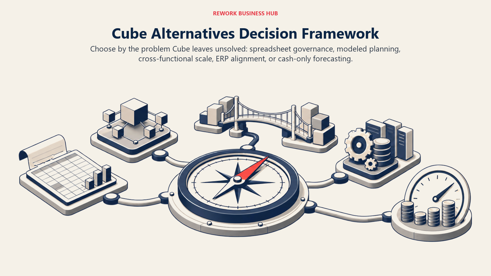 Cube alternative decision compass pointing toward five distinct FP&A operating paths