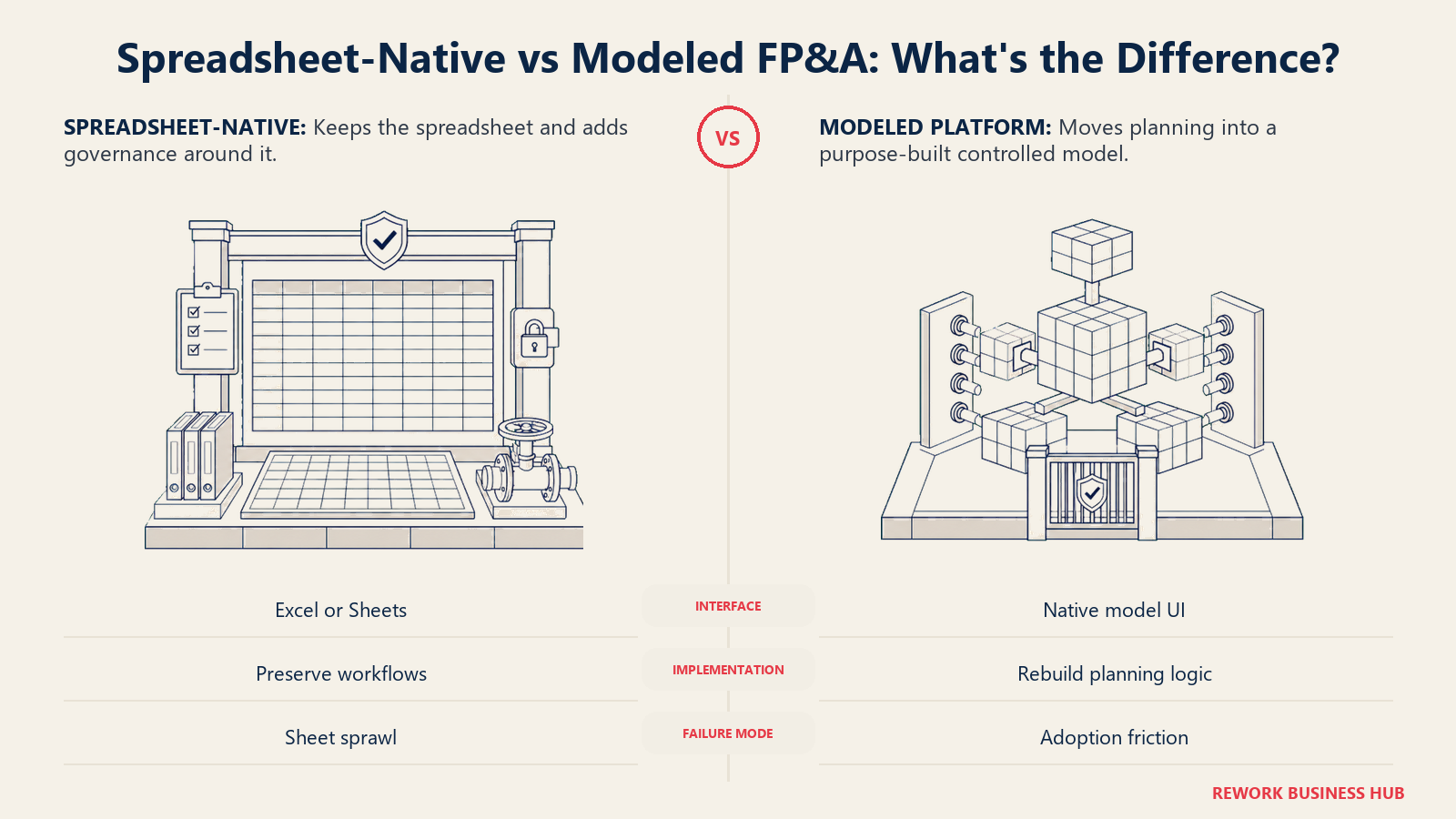 Spreadsheet-native FP&A governance frame compared with a purpose-built modeled planning engine