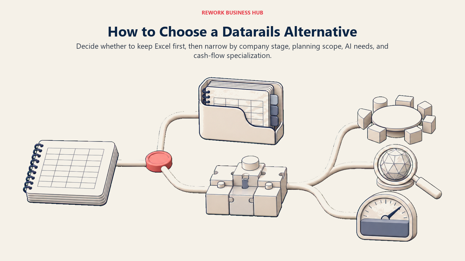 Datarails alternative decision framework routing finance teams toward governed Excel, modeled FP&A, cross-functional planning, or cash forecasting