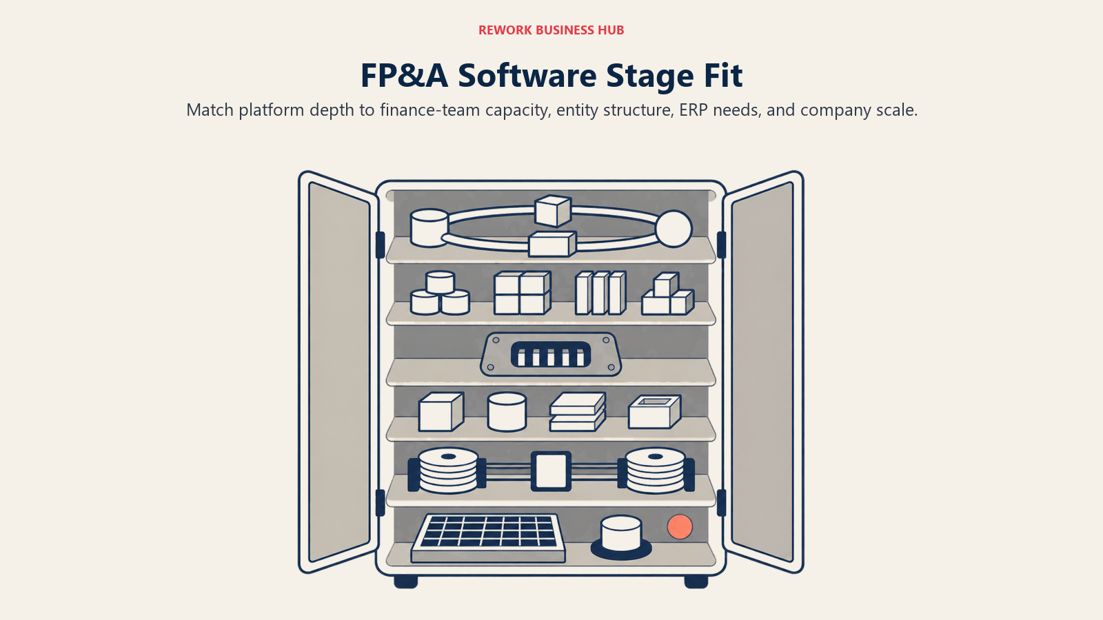 Six-level FP&A software stage-fit cabinet progressing from one spreadsheet owner to enterprise connected planning