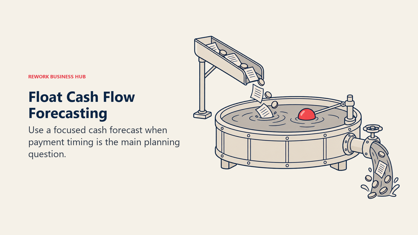 Cash reservoir with a float and payment outlet illustrating Float cash-flow forecasting
