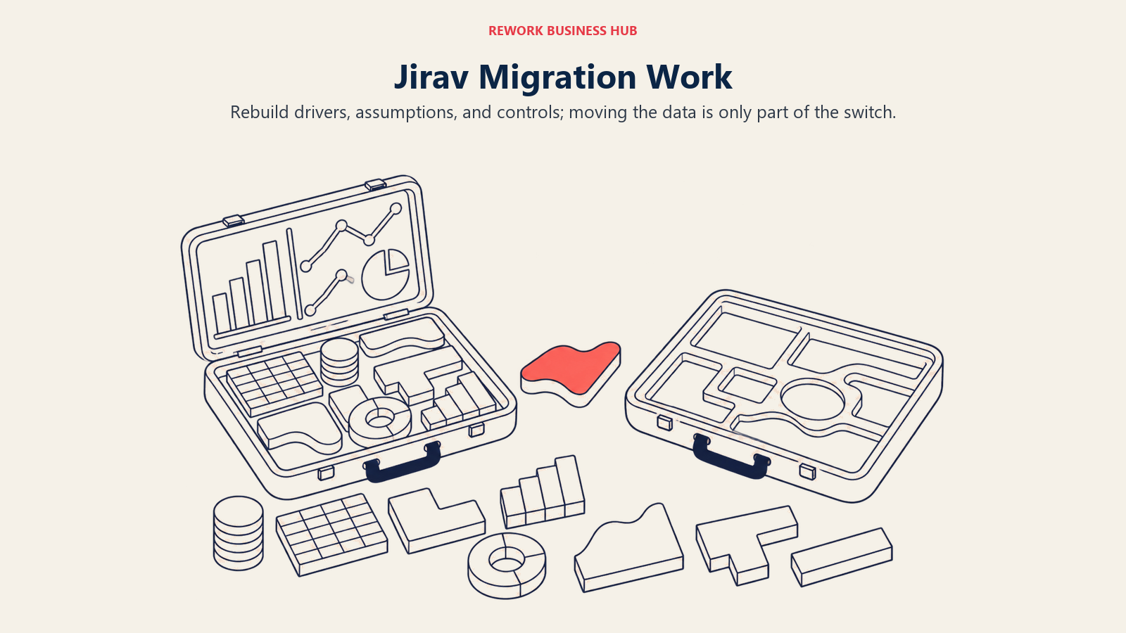 Financial model pieces being rebuilt in a new frame during a Jirav migration