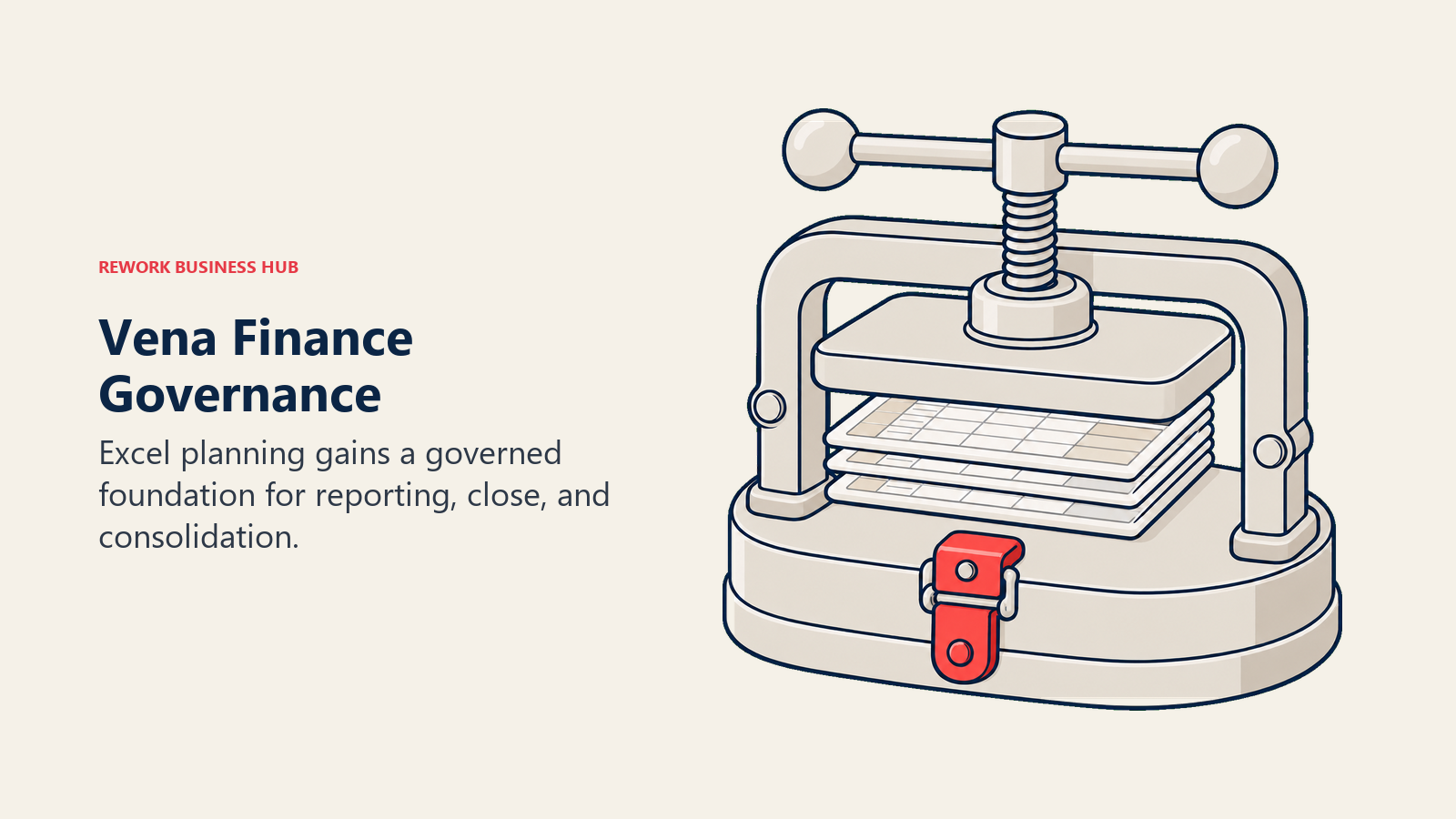 Workbook leaves held in a controlled press illustrating Vena consolidation and finance governance