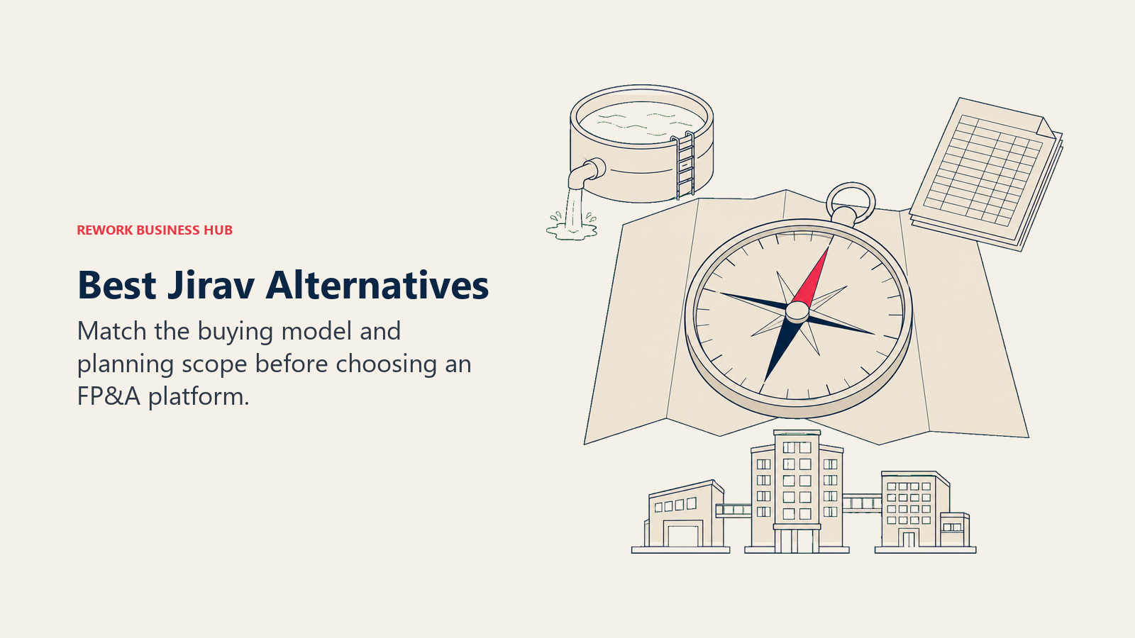 Planning compass beside cash, spreadsheet, and enterprise options for selecting a Jirav alternative