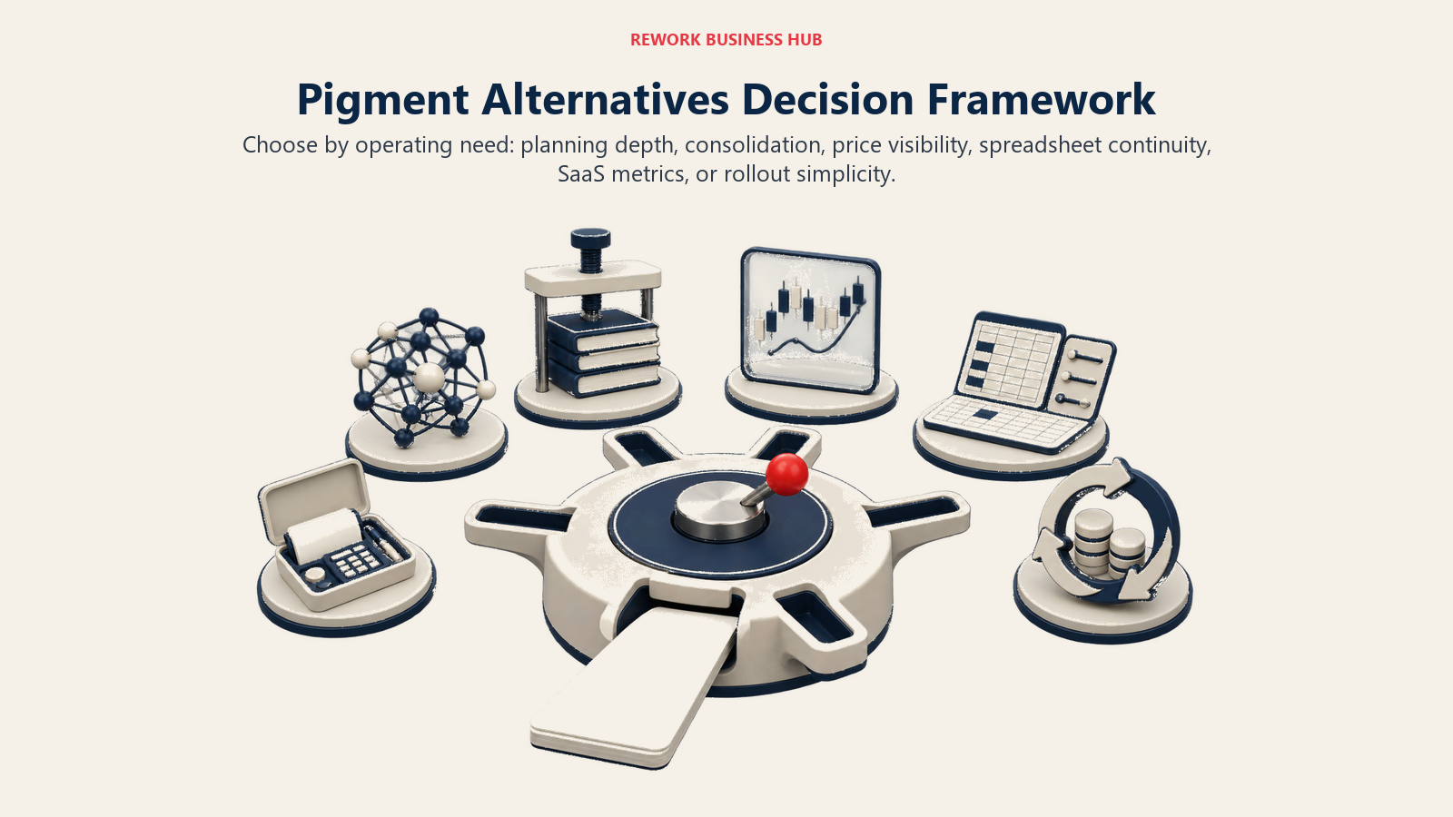 Pigment alternatives decision framework shown as a finance dossier routed toward planning depth, consolidation, pricing, spreadsheet, SaaS metrics, or simple rollout