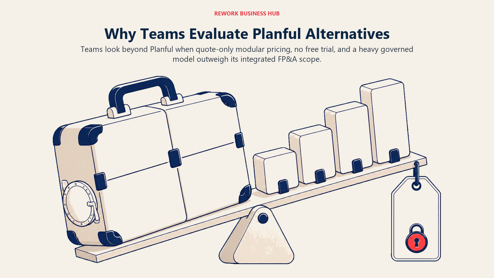 Why teams evaluate Planful alternatives shown as an overloaded modular finance suitcase with locked pricing and trial access