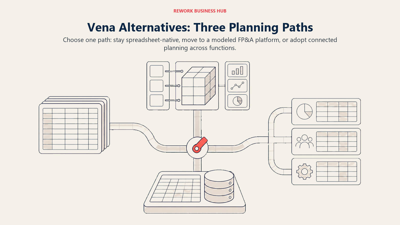 Three-way planning junction from a governed worksheet core toward spreadsheet-native, modeled FP&A, and connected planning paths