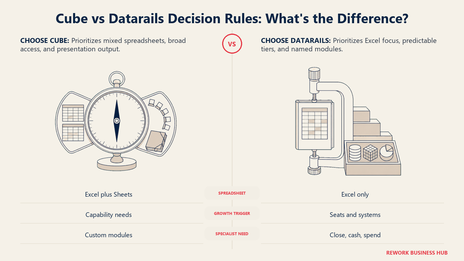 Cube capability compass compared with Datarails Excel and module fit gate for choosing an FP&A platform