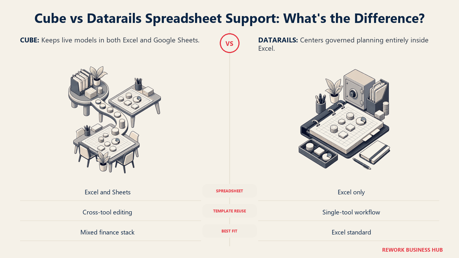 Cube dual Excel and Google Sheets bridge compared with Datarails single Excel governance workspace