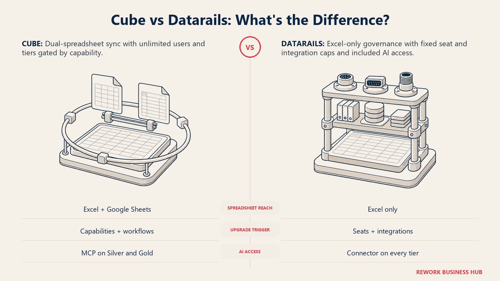 Cube and Datarails compared as equal spreadsheet governance layers across spreadsheet reach, upgrade trigger, and AI access