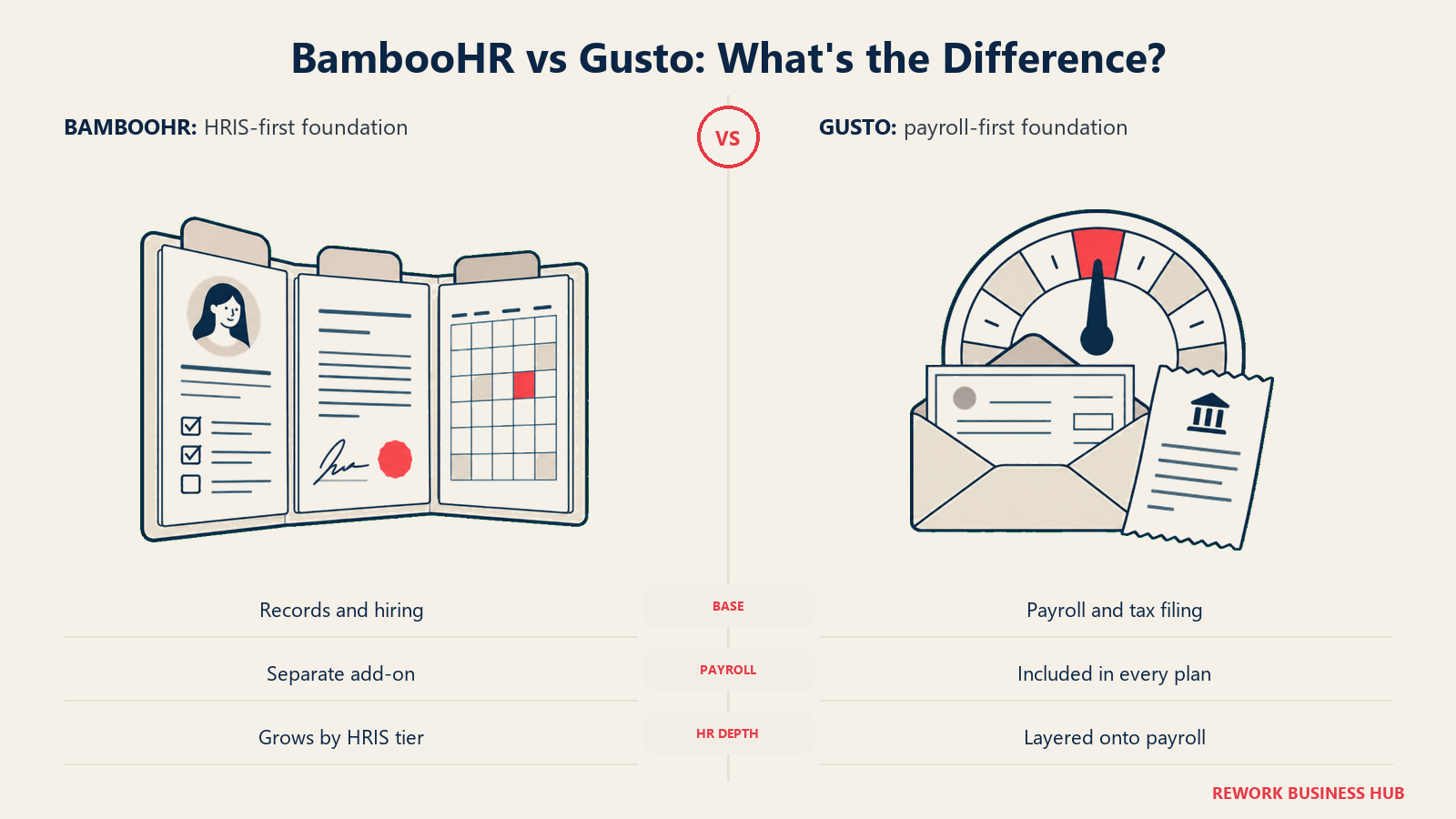 Registros de empleados y de contratación de BambooHR junto a un sobre de nómina y un recibo de impuestos de Gusto, comparando bases que parten del HRIS frente a bases que parten de la nómina
