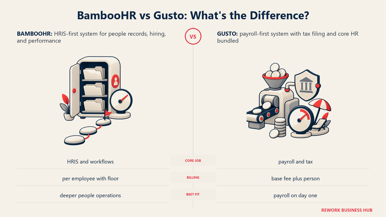 BambooHR versus Gusto comparison showing an HR people-record cabinet beside a payroll and tax engine
