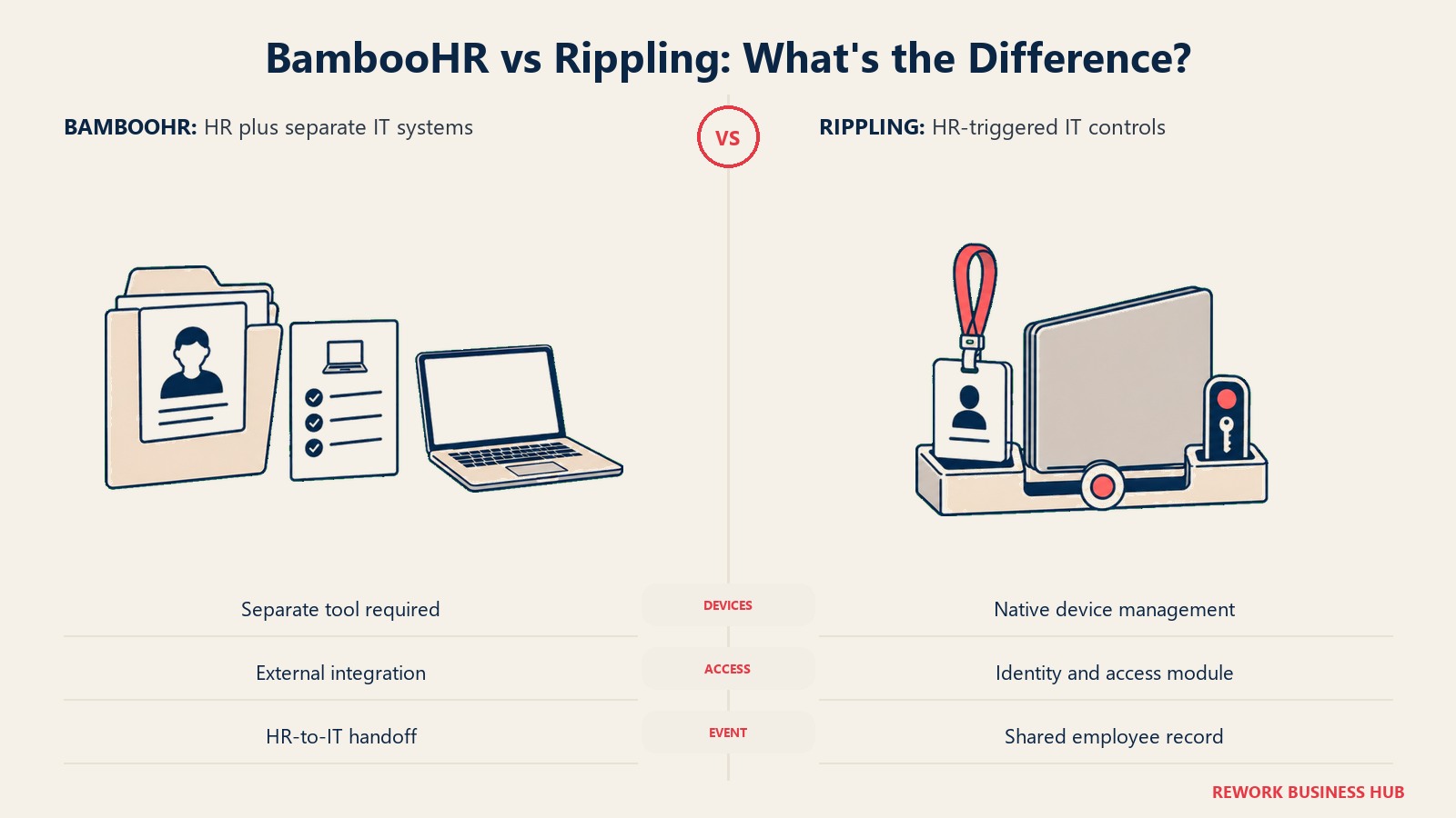 Catatan personel BambooHR di samping alat IT terpisah dibandingkan dengan badge karyawan Rippling, perangkat terkelola, dan kontrol akses