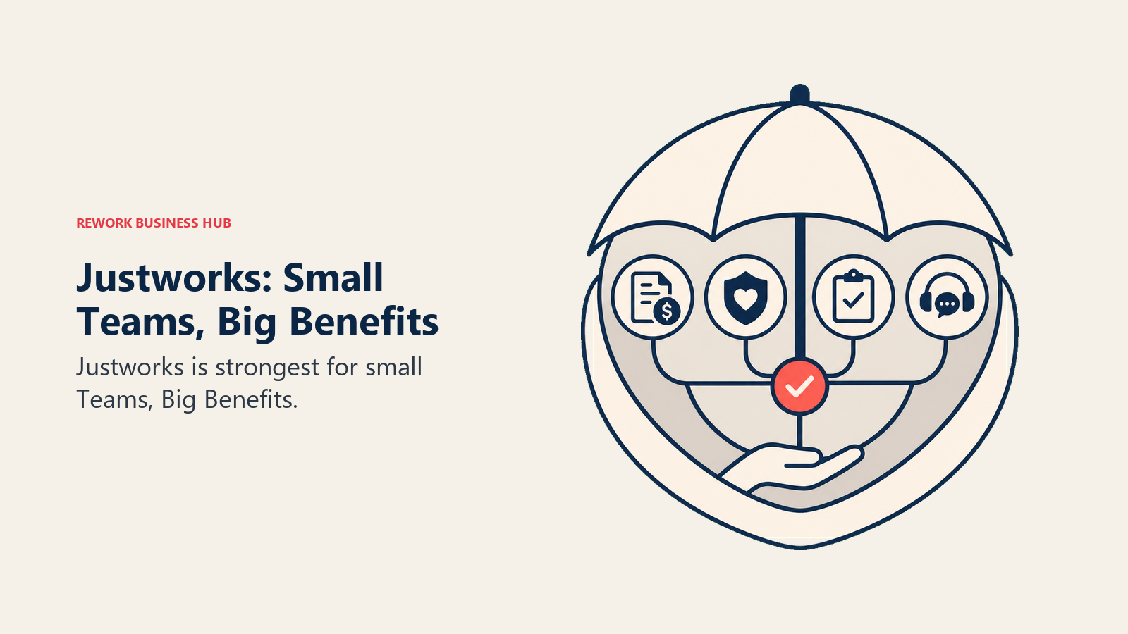 Justworks: Small Teams, Big Benefits illustrated with services canopy