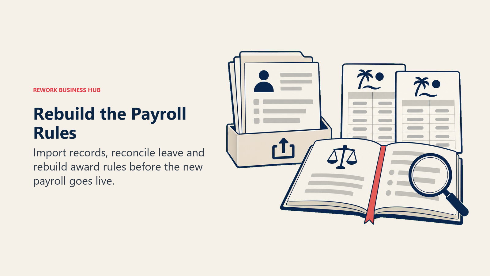 Rekod pekerja dan lejar cuti yang dimigrasikan bersebelahan buku peraturan award yang mesti disahkan sebelum payroll go-live