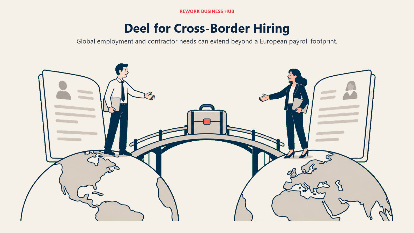 A bridge between two international employee records illustrating Deel cross-border hiring