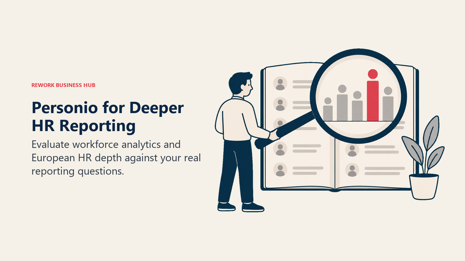 A magnifying glass examining workforce data in a Personio employee ledger to illustrate deeper HR reporting