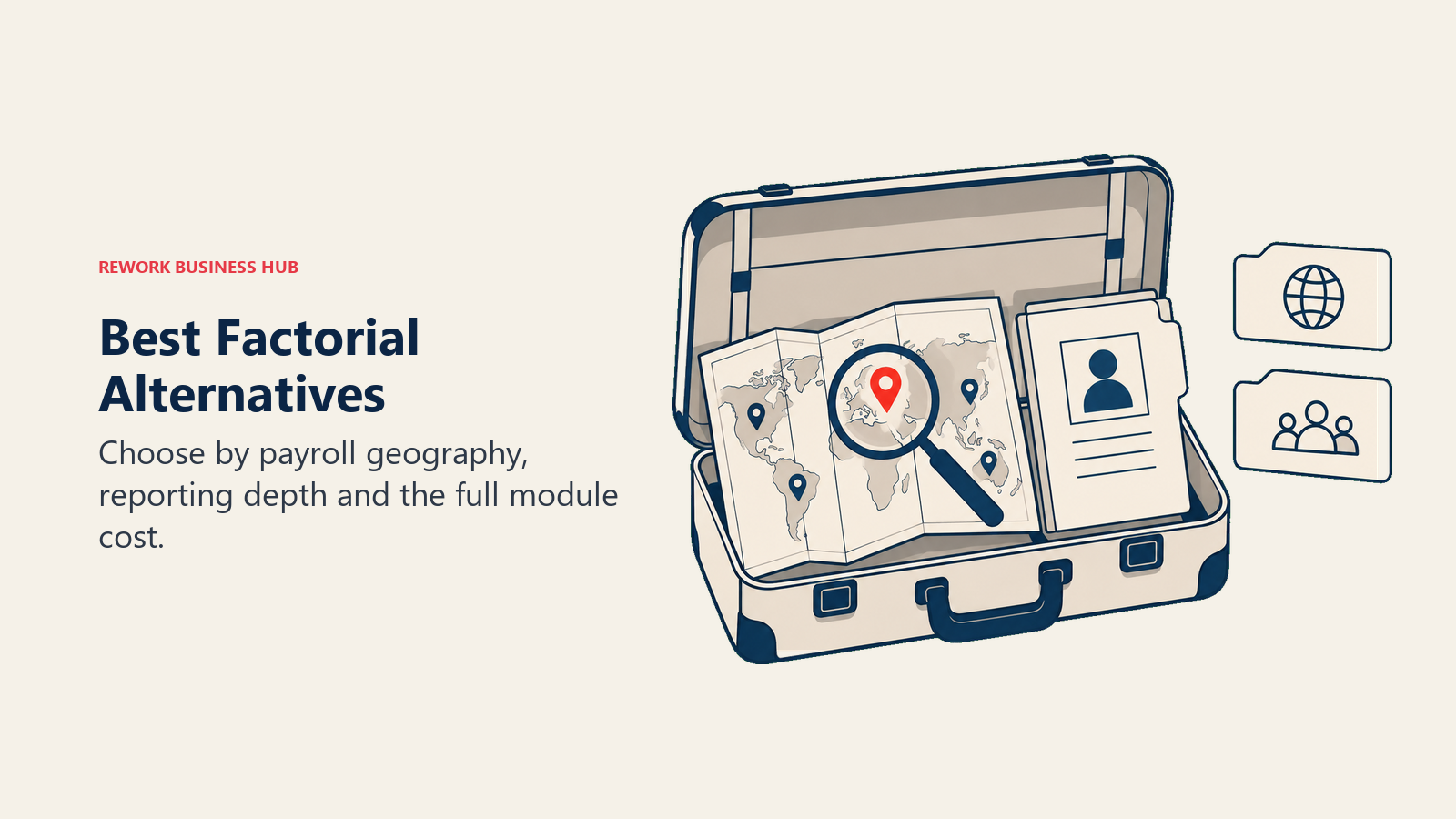 An open HR platform travel case with a personnel file, map and magnifying glass, illustrating Factorial alternative selection by country fit and reporting needs