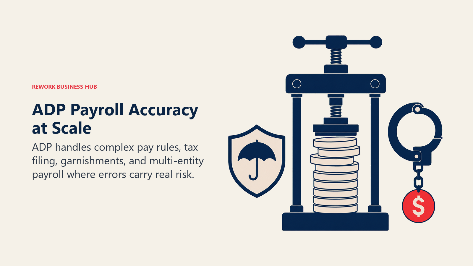 ADP Payroll Accuracy at Scale illustrated as precision payroll press with compliance seals