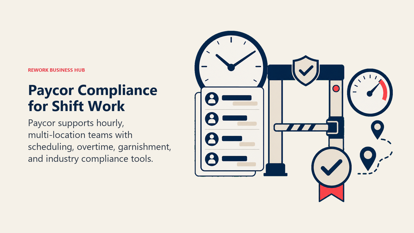 Paycor Compliance for Shift Work illustrated as shift clock passing through a compliance gate