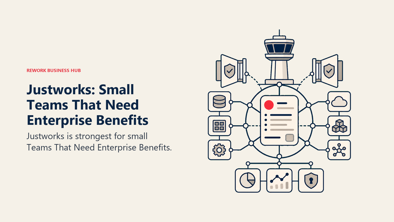 Justworks: Small Teams That Need Enterprise Benefits illustrated with control tower