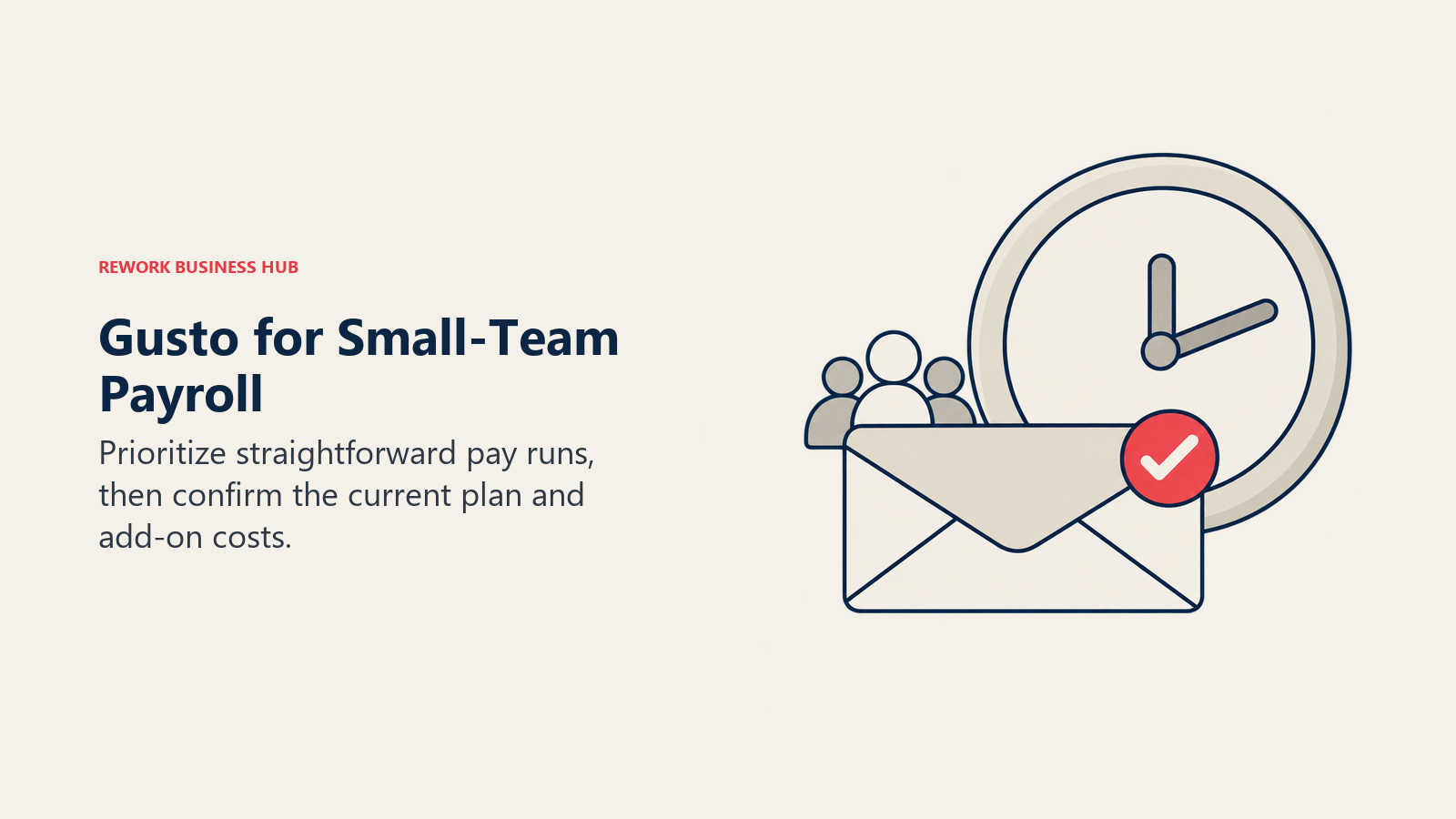 A payroll clock and completed pay envelope representing Gusto's small-team pay cycles