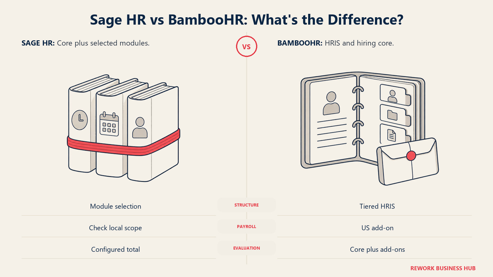 Sage HR's modular booklets compared with BambooHR's bound HRIS core and separate payroll add-on