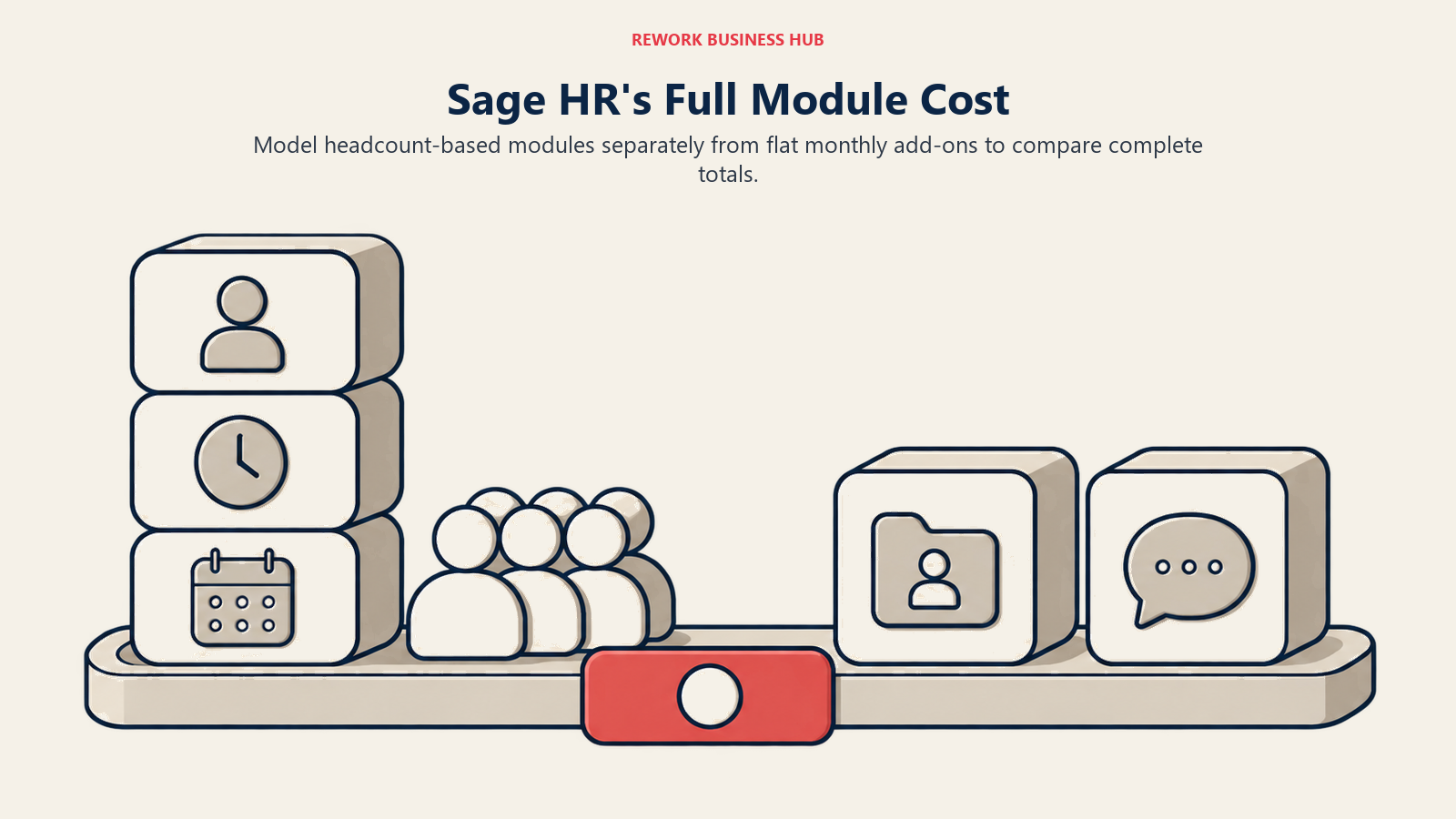 Per-employee HR modules and flat add-on boxes kept separate when modeling Sage HR's total cost