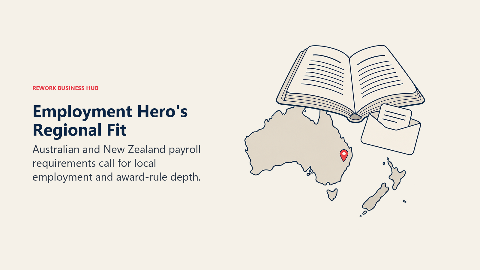 Australia and New Zealand beside an employment rulebook and payroll envelope showing regional fit