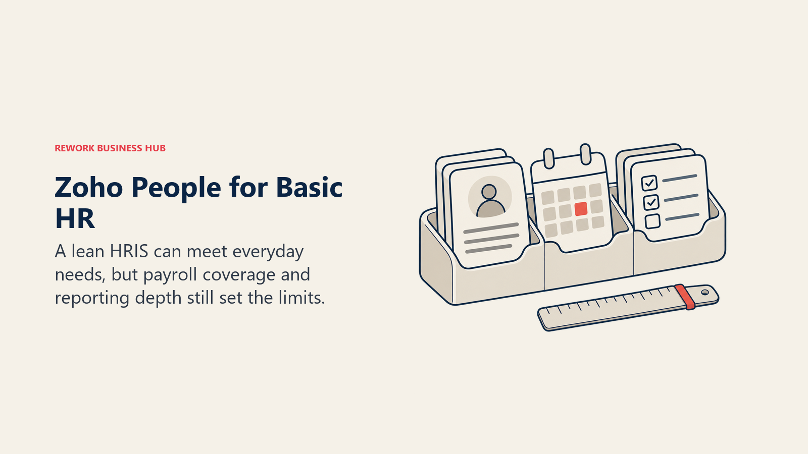 Compact employee, leave, and onboarding organizer illustrating Zoho People's lean HRIS scope