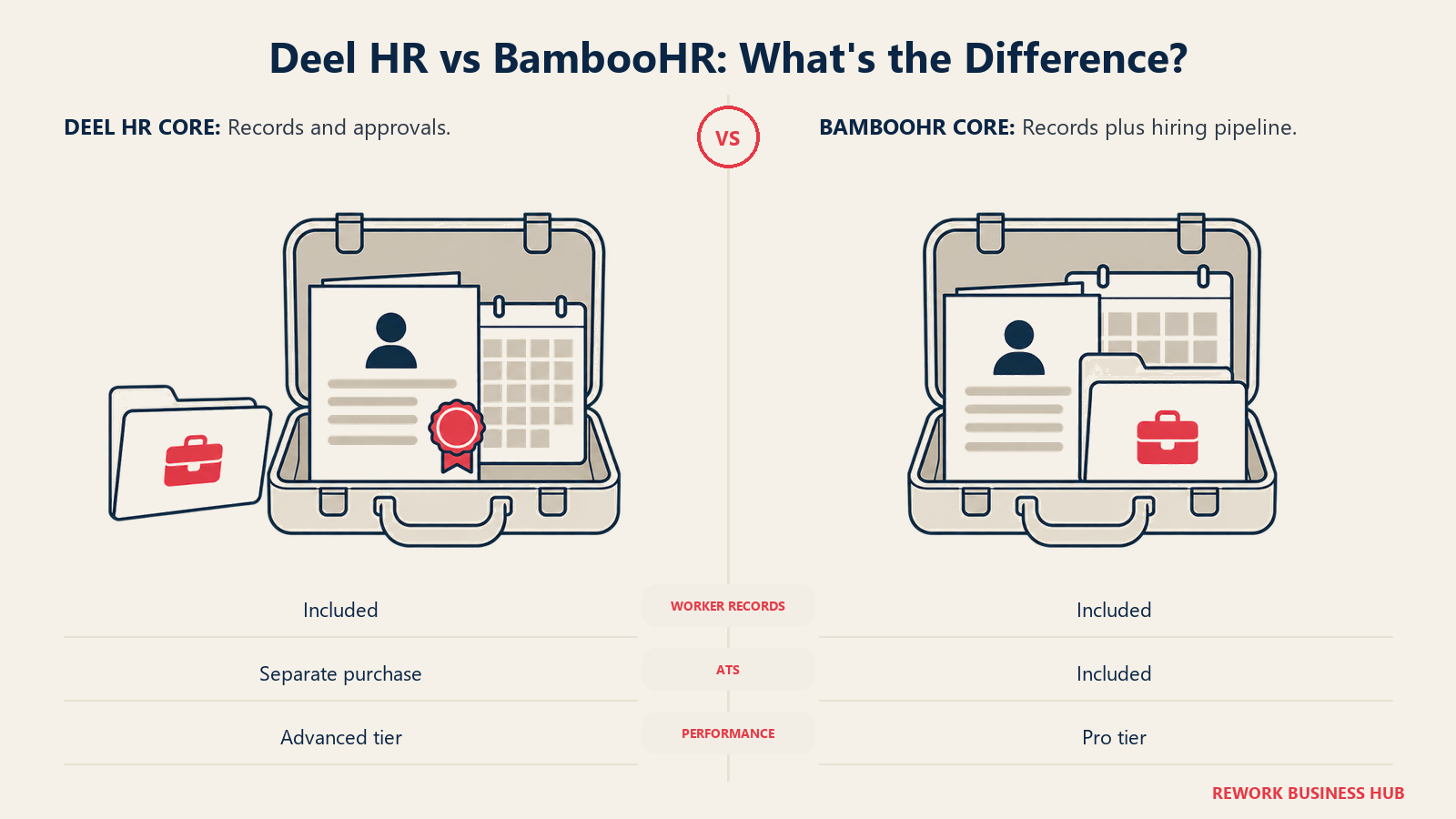 Core HR cases showing hiring sold separately in Deel and included within BambooHR Core