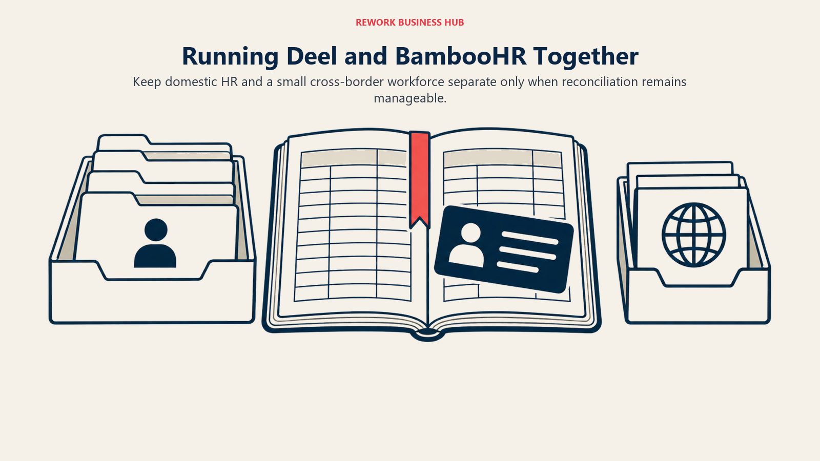 Domestic HR records and international contracts reconciled through a shared ledger when running both platforms