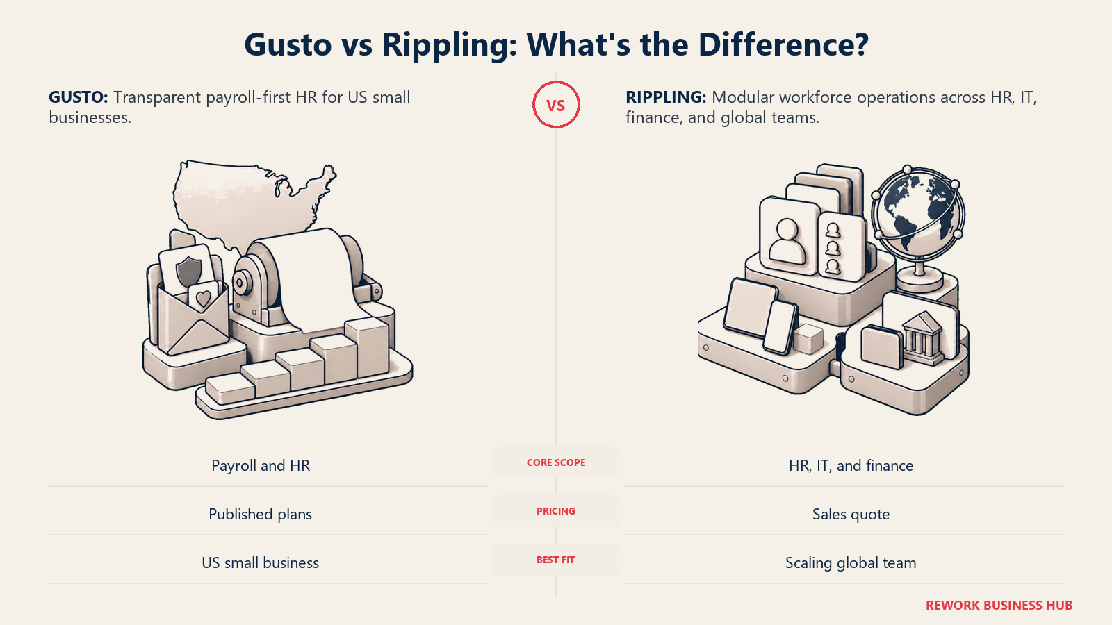 Gusto's transparent payroll station compared with Rippling's modular global workforce control hub