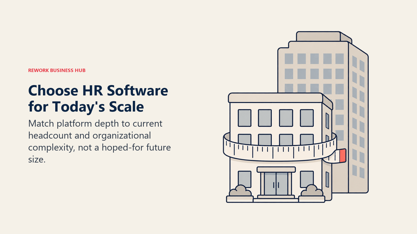 A measuring tape around office buildings illustrates matching HR software to current organizational scale.