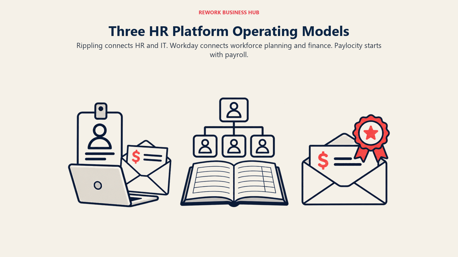 Three equally weighted HR models: a badge with laptop and payroll, an organization chart over a ledger, and payroll with recognition.