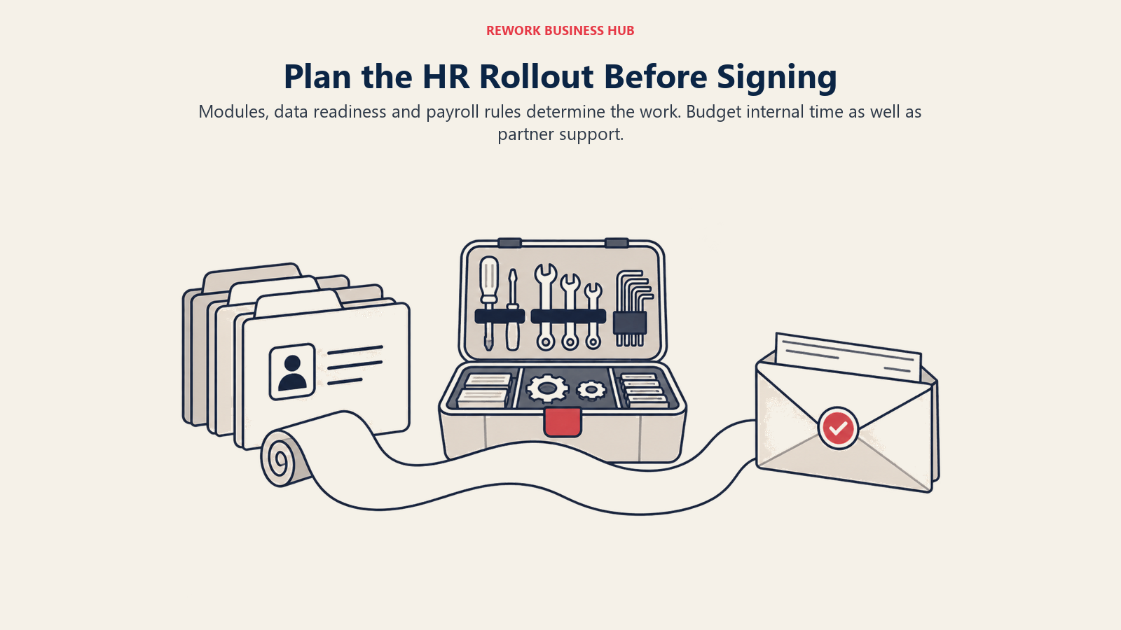 Employee records, a rollout toolkit and a payroll envelope illustrate preparation before an HR launch.