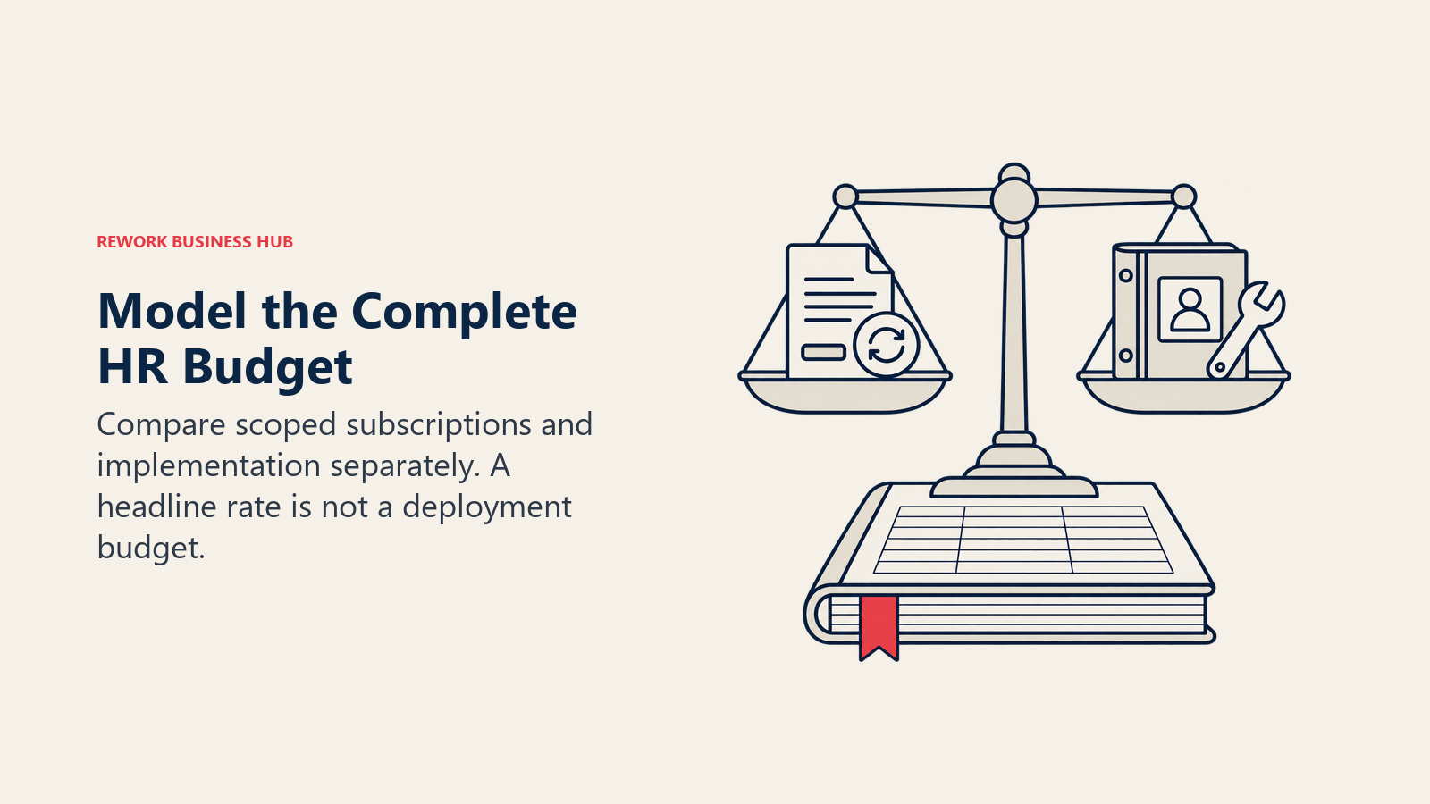 Scales balance subscription documents against implementation work above an HR budget ledger.