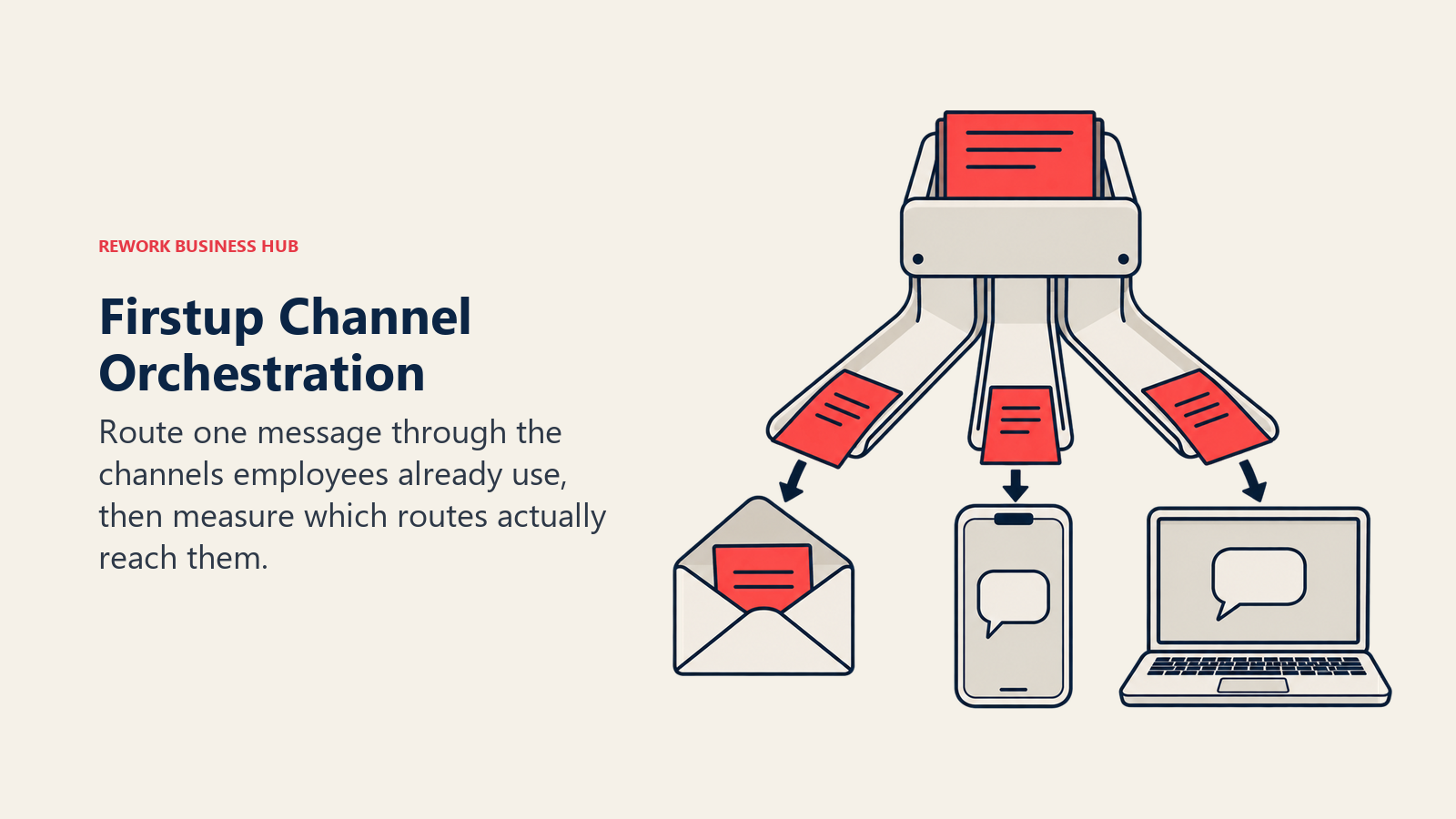 One announcement moves through a sorting chute into email, a smartphone and a laptop.