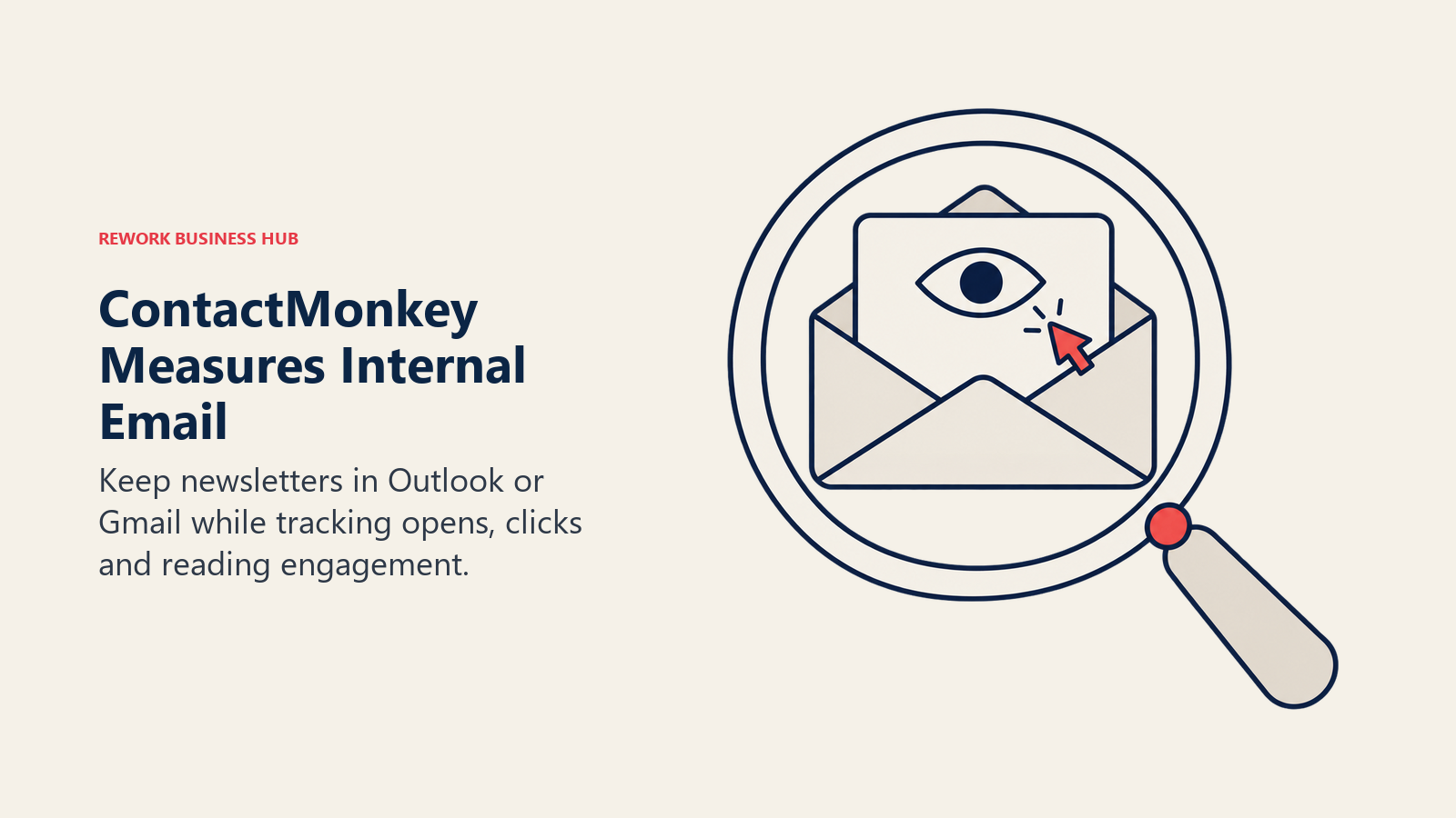 A magnifying glass examines an email with open and click symbols for internal email measurement.