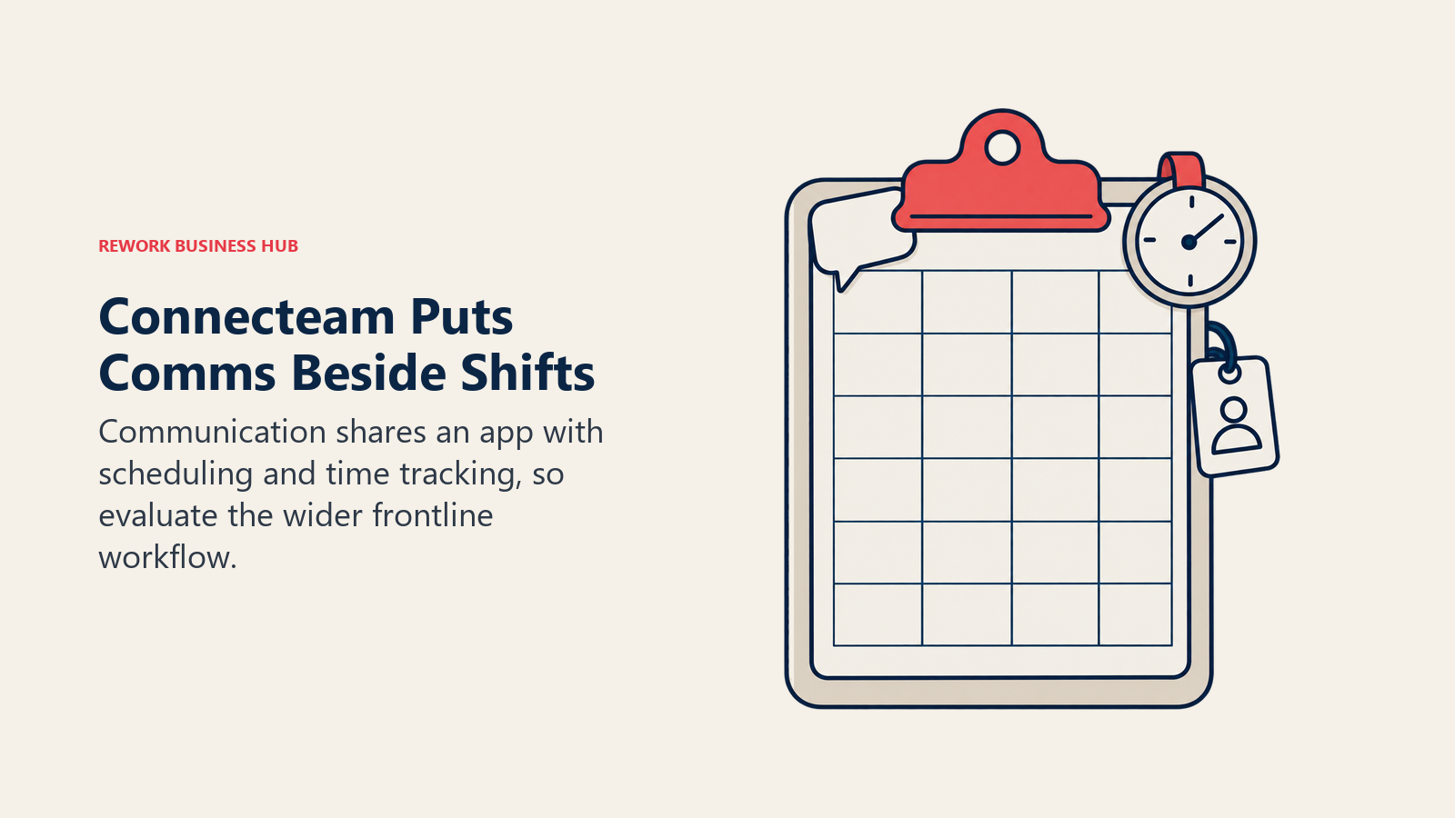 A shift roster, clock, message bubble and badge show communication alongside scheduling.