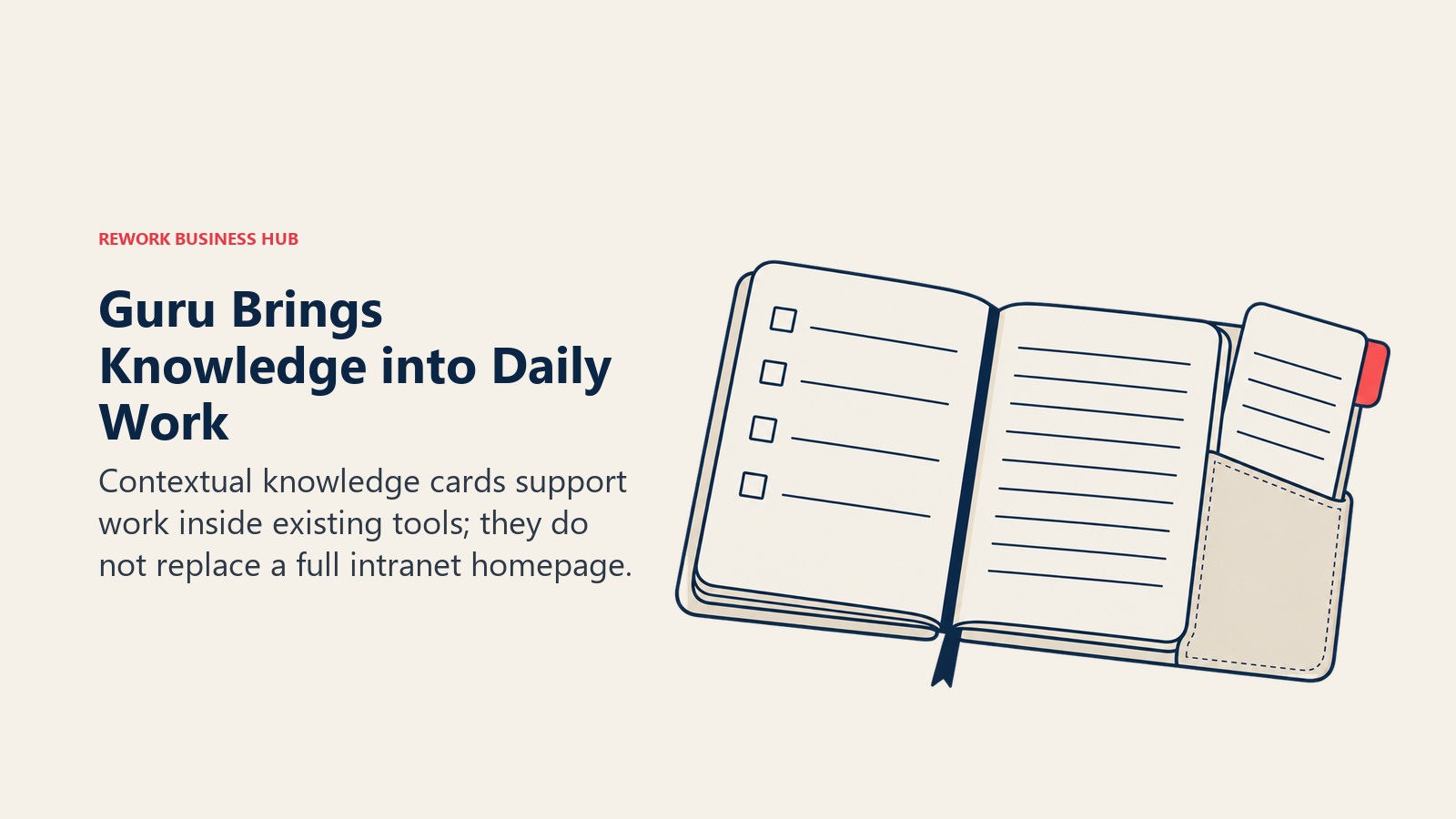 A reference card inserted in a working notebook illustrates contextual knowledge inside daily workflows.