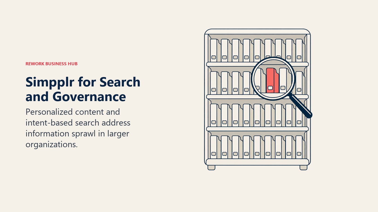 A magnifying glass highlights one relevant binder in a governed company knowledge library.