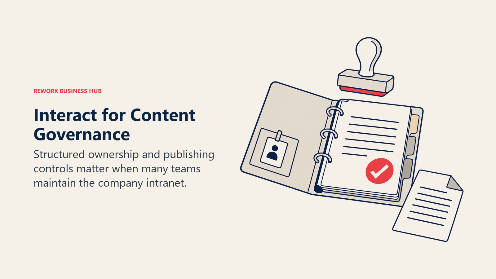 A content binder, owner badge and approval stamp illustrate structured publishing governance.