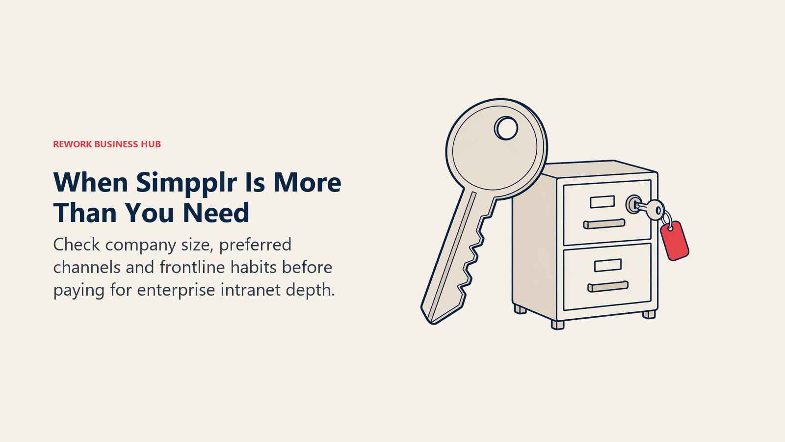 An oversized key beside a small cabinet and fitting key illustrates checking enterprise intranet fit.