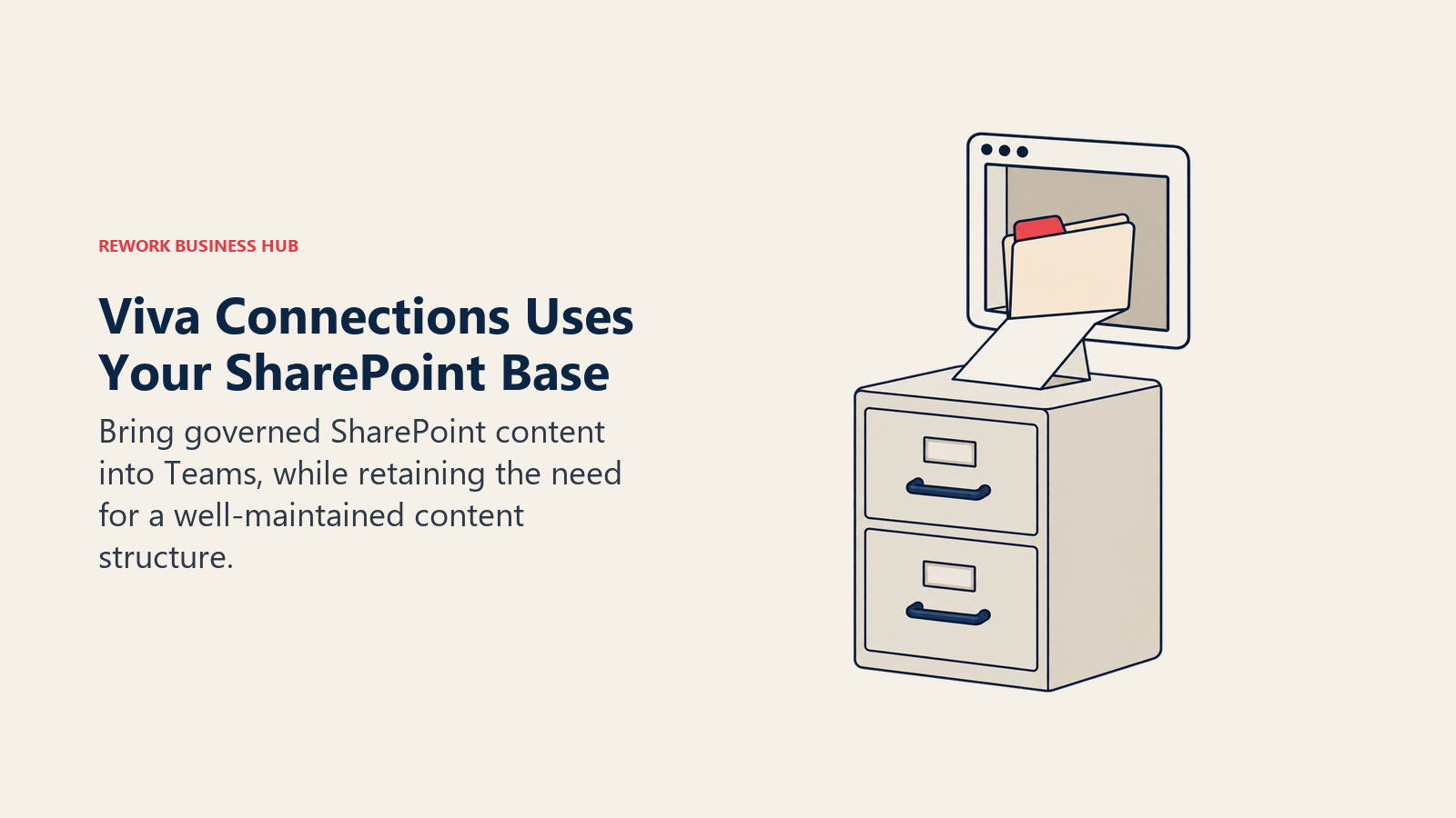 A filing cabinet sends governed documents into an app window to illustrate SharePoint content inside Teams.