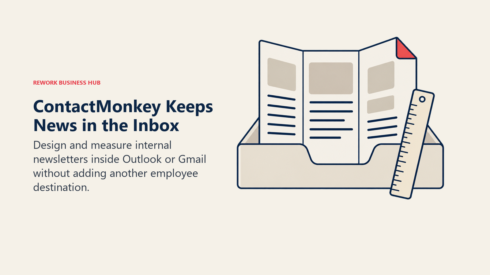 An internal newsletter and ruler in an inbox illustrate designing and measuring employee email.
