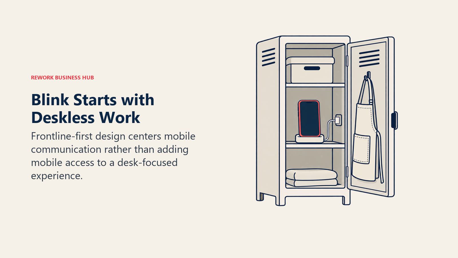 A smartphone in a frontline locker beside a work apron illustrates deskless-first communication.