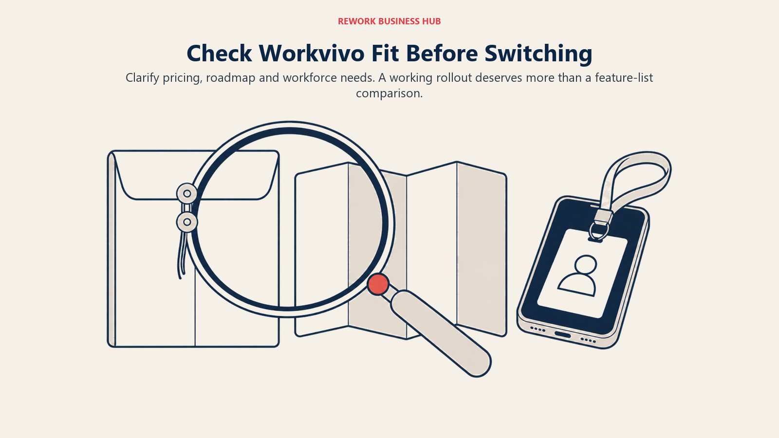 A magnifying glass reviews a proposal, roadmap and employee phone before a platform switch.