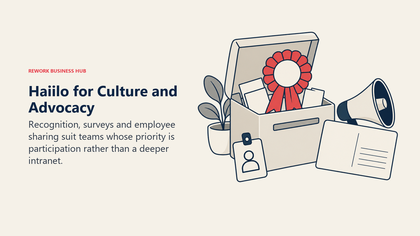 A suggestion box, recognition rosette and sharing materials illustrate culture, participation and advocacy.